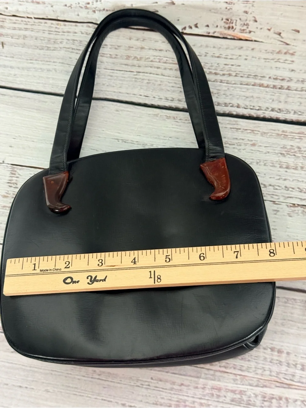 Vintage Holzman Black Leather Small Double Handle Handbag With Bakelight